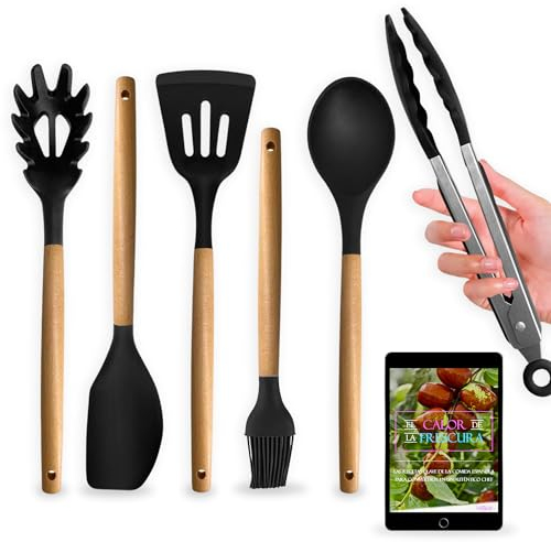 Set de utensilios de cocina de silicona | accesorios de cocina de silicona con mango de madera | gadgets para tu hogar | incluye ebook con recetas españolas
