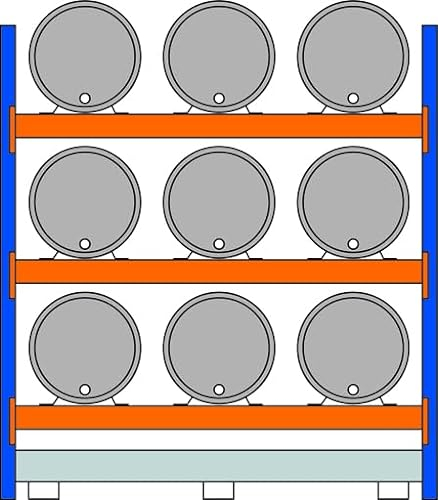 qpool24 Grundregal, Fassregal, 2500 x 2225 x 800 mm (HxBxT), blau/verzinkt/RAL 2004, 3 Ebenen für je 3 Fässer 200 l liegend; 1 Bodenwanne 2205 x 1100 mm