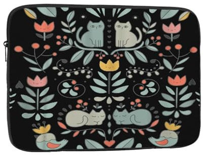 Funny Cats Birds and Flowers Printed Sleeve for 13 Inch Laptop - Shockproof Oxford Fabric Protective Case Bag