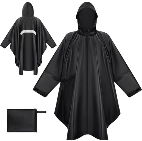 BTNEEU Regenponcho Damen Regencape Wasserdicht mit Reißverschluss Rain Poncho Festival Wiederverwendbar Regenmantel mit Kapuze und Ärmeln Regenjacke Fahrrad Lang für Wandern Camping Draussen (Schwarz)