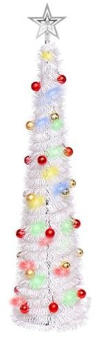 JUNIOO 1.5M/5FT Collapsible Artificial Christmas Tree, Pop-up Christmas Tree with 30pcs Balls and Silver Tree Top Star for Family Gathering Xmas Tree Indoor and Outdoor Christmas Decoration(White)