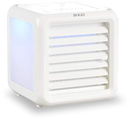 Sogo Mini Climatizador De Aire Portátil Con 7 Colores LED Y Caja De Agua Desmontable - Enfriador Aire Personal USB 3 Velocidades - Aire Acondicionado Compacto Con Flujo Ajustable Sin Adaptador