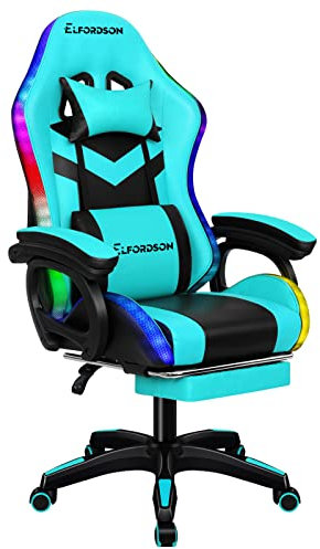 ELFORDSON LED Gaming Chair with 8-Point Massage, Swivel Office Chairs with Head Pillow Lumbar Support, Ergonomic Desk Chair with Armrests Footrest for Heavy Duty, PU Leather, Cyan