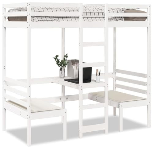 vidaXL Loft Bed Frame with Desk and Chairs – Solid Pine Wood, White – 75x190cm – Safe Guardrails, Built-In Ladder – Ideal Space Saver