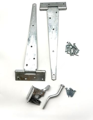 Heavy Duty Hot Dipped Galvanised Garden Gate Hinge Pack. 2X 12 Tee Hinges, Auto Close Latch and All Fixings. Hanging Kit for Gates and Doors. Corrosion and Weather Resistant External Hinge Set.