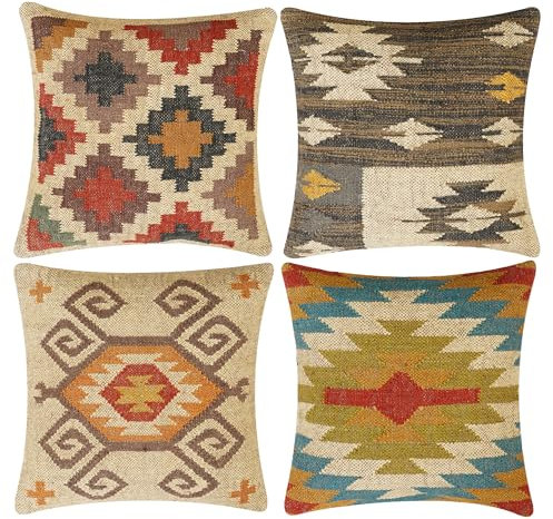INDACORIFY 4-teiliges Set Kelim-Kissenbezug aus Wolle, Jute, handgewebt, Vintage-Stil, türkisches Kissen, dekorativer Überwurf, Heimdekoration (Muster- 05)