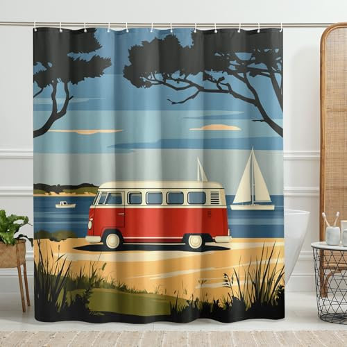 Rideau de douche rétro en tissu imperméable avec crochets pour camping et salle de bain avec crochets Rouge 183 x 198 cm