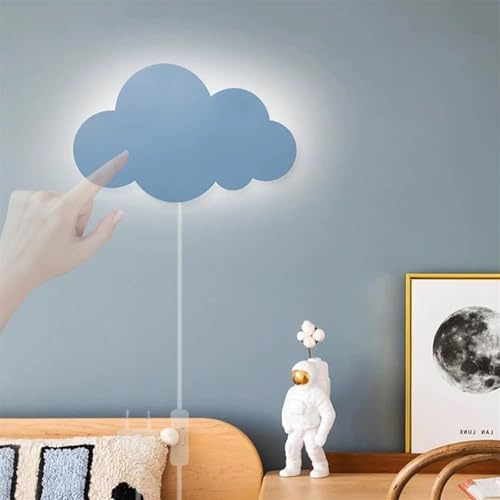 GZZBMY Kinderzimmer LED Wandleuchte mit Touch Schalter Wandlampe Innen Cartoon Wolken Wandbeleuchtung mit Schalter und Stecker Nacht Licht Mädchen Nachttischlampe 12W Babyzimmer (Blau,Weißes Licht)