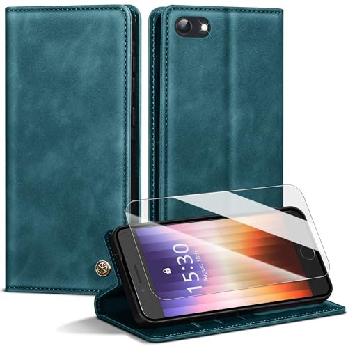 Handyhülle für iPhone SE 3/2(2022/2020) Hülle,Premium Lederhülle für iPhone 8/7 [Mit 1 Stück Panzer Schutz Glas] Magnet Kartenfach Klapphülle Schutzhülle für iPhone SE 2020/iPhone 8/7,BlauGrün