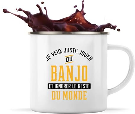 Tasse Métal Jouer du Banjo et Ignorer le Monde | 360 ml Mug Émaillé Métallique | Idée Cadeau Musicien Humour Instrument Musique Original Drôle Mélodie Artiste