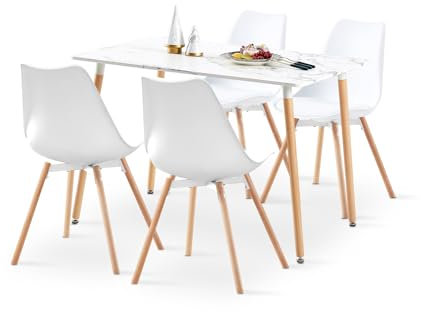 LafeuR Esszimmergruppe Esstisch mit 4 Stühle Essgruppe, 110cm Rechteckig Küchentisch und 4er Set Esszimmerstühle für Küche Esszimmer Wohnzimmer (Marmor Tisch+4 Weiß Stühlen)