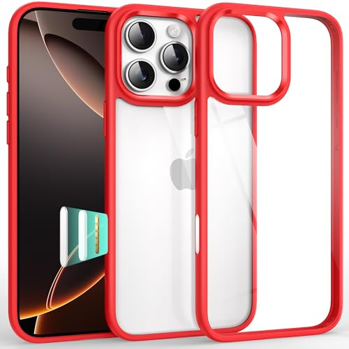 Supdeal Shockproof Clear Case for iPhone 16 Pro, [Camera Control Button] [10FT Military Drop Protection] Hard Clear Back Silicone Edge Four Corner Airbags Phone Cover, 6.3 inch, Red