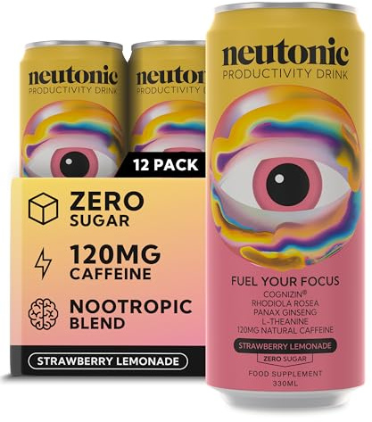 Neutonic Nootropic Productivity Energy Drink | Strawberry Lemonade 12 Cans | 120mg Natural Caffeine, Zero Sugar | Support Energy, Mental Performance, Cognitive Function | Support Focus, Brain Health