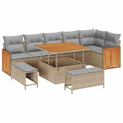 vidaXL 9-teiliges Garten-Sofa-Set mit Kissen in Beige, aus Rattan für den Außenbereich, modulare Couch für Terrasse oder Wohnzimmer