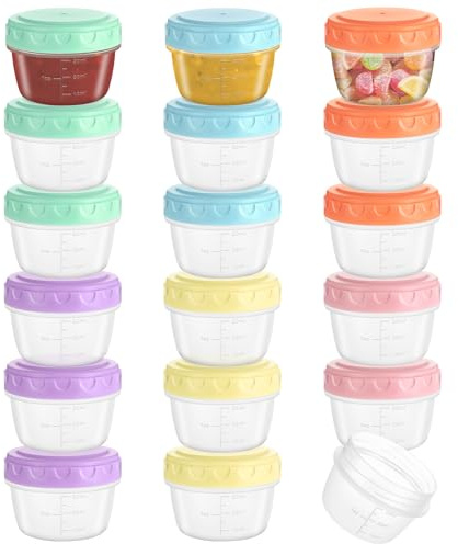 18 Pcs Small Food Containers with Lids, 80ml Reusable Salad Dressing Container Leakproof Snack Pots Stackable Mini Frozen Food Storage Pot Condiment Sauce Containers with Graduated for Gym Snack