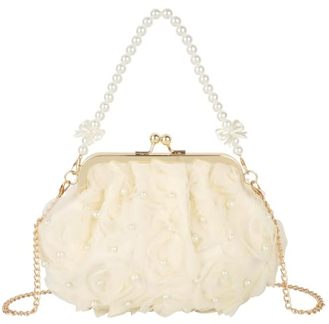 Pandalein Damen Blumen Clutch Seide Abendtasche Brauttasche Kleidertasche Handtasche mit Perlen Henkel Kette für Hochzeit Wedding Prom Party