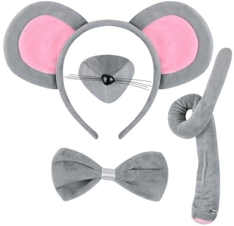 PcvGef Maus Kostüm 4-teiliges Set, Maus Ohren Haarspange Fliege Nase Schwanz, Mausohren Haarreifen Tier Kostüm Zubehör für Erwachsene, Halloween Party Verkleidung Karneval Rollenspiel