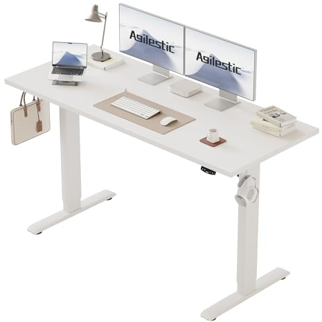 Agilestic Electric Standing Desk, 2 Memory Buttons, 150x60cm | Height Adjustable Desk for smart Pannel, 72-116cm, Sit Stand Desk with 2 Hooks, Home Office Desk, 2 pcs Desktops, White