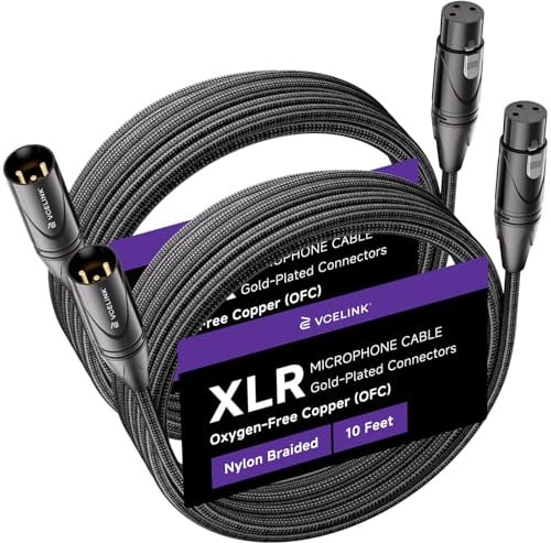 VCELINK 2 Pack 1.8m XLR Cable, Gold-Plated Contacts, Male to Female | 99.99% OFC, Dual-Shielded, Nylon Braided PVC Jacket Microphone Cable for Studio Recording, Live Streaming, Stage Performance