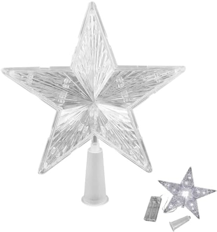 Puntale per albero di Natale a forma di stella, 15 cm, 17 luci LED bianco caldo, bianco brillante, con funzione timer, funzionamento a batteria (bianco brillante)