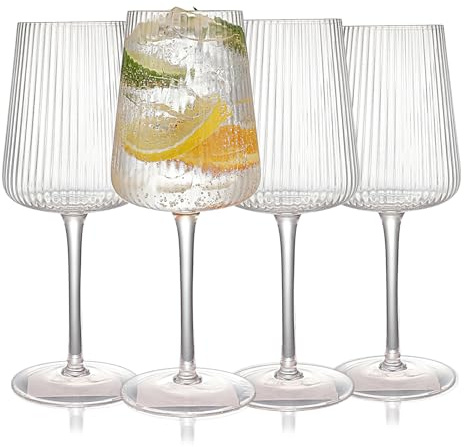 WeirdUncle Hand Blown Ribbed Wine Glasses with stem, Clear, Lead-Free Crystal Glasses, Luxury Gift, Set of 4, Unique, 18oz Premium Wine Goblet, Large capacity, Fluted Design