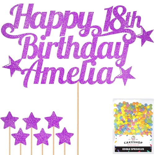 Cakeshop Personalised Happy Birthday Glitter Cake Topper - Purple Any Name & Any Age Glitter Cake Decoration and Sprinkles - Happy Birthday Decorations - Custom Toppers for Cakes