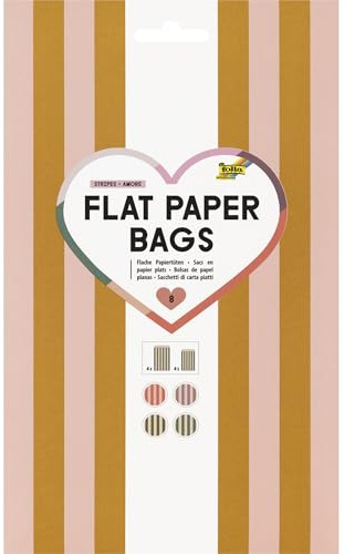 folia 42119 - Flat Paper Bags STRIPES AMORE, 8 Flache Papiertüten aus FSC-Mix Papier in 2 Größen und je 4 Farben, zum Basteln, Verzieren und Verschenken