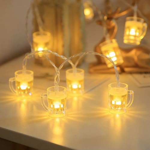 LED Bierglas Lichterkette,10 LED Bierkrug Lichterkette Batteriebetriebene | Beleuchtung Outdoor Hängeleuchten,Bier Tasse Baumeln Batteriebetrieben für Bar, Party, Hochzeit, Garten, Oktoberfestes (1,5M)