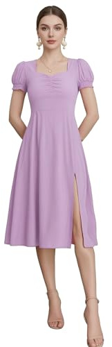vittorio y Vestiti Donna Estivi Eleganti Leggeri Manica Corta Vita Alta Abito Midi A Line con Scollo Quadrato e Spacco Laterale
