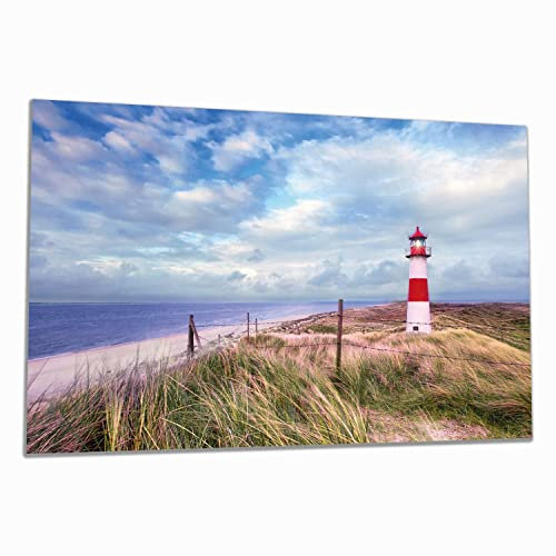 Wallario Herdabdeckplatte/Spritzschutz aus Glas, 1-teilig,90x52cm mit 8mm hohen Füßen, für Ceran- und Induktionsherde, Leuchtturm am Strand von Sylt