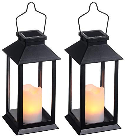 Lanterna Solare Giardino Esterno, 2 Pezzi LED Luci Solari Giardino, Effetto Candela Lampade da Esterno IP44 per Prato,Decorativo LED Lampade Solari (Nero)