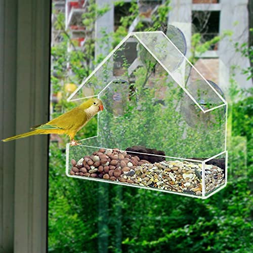 Window Bird Feeder with Strong Suction Cups,Bird Feeding Station,Clear Acrylic Hanging Bird Feeder with 3 Strong Extra Suction Cups and Seed Tray for Small Birds Decorate Your House