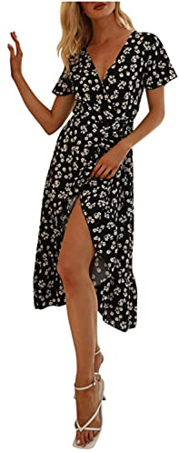 Fhuulyy Robe Portefeuille Femme Imprimé Bohème Florale Femme Chic Mi-Longue Robe à Volants Fendue Col en V Cache Coeur à Manches Courtes (Noir, XL)