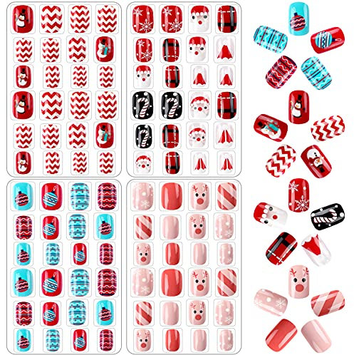 96 Pcs Kids Fake Nails Press on Nails for Girls Pre-glue Full Cover Short False Nails Children Nails Lovely Gift for Children(Christmas)