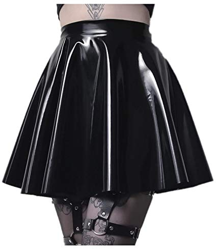 Damen Lack Faltenrock Leder Schwarz Rock Hohe Taille Mini Glocken Skater Rock Glänzend Röckchen (Schwarz, XL)