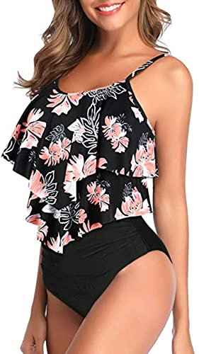 Genfien Maillot de Bain Deux Pièces pour Femme Haut à Volants et Bas Taille Haute Push Up Bikini Taille Haute Vintage Bikini Ensemble