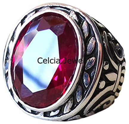 Synthetischer Rubin-Korund-Edelstein-exklusiver Ring, Statement-Siegelring, riesiger schwerer Herrenring, Vatertagsgeschenke, oxidierter Silberring, Juli-Geburtssteinring (Rubin)