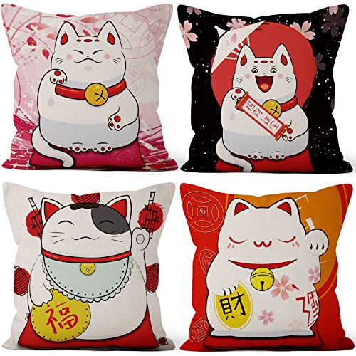 Aoihrraan 51x51cm Juego De 4 Fundas De Cojin Estilo Japones Gato Suertudo Retrò Cuadrado Lino Decorativo Funda De Almohada Taberna Japonesa Cama Tatami Decoración del Hogar Sofá Sala De Estar Silla
