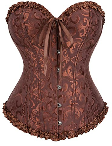 DISSA Damen Overbust Korsett Rüschenbesatz Vintage,EU 32-50 | Jacquard Stoff, Rüschenbesatz, vordere Schleife, vorderer Busenverschluss, hintere Schnürung, Kunststoffstäbe