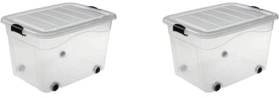 Logiplast 2 Stück Aufbewahrungsbox transparent 100 Liter mit Deckel und Klickverschluss 690 x 515 x 420 mm inkl. Rollen