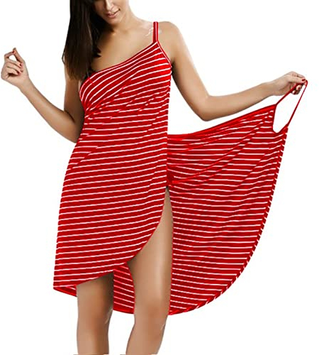 Handtuchkleid Damen, Saunakilt Damen, Streifen Badetuch Wearable Beach Wickelkleid, Wickel Rock Wasseraufnahme Schnell Trocknen Sexy Bademantel (Color : Rose red, Size : S)