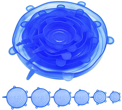 Dehnbare Silikondeckel,6 Stück Teiliges Silikon Stretch Deckel Stretch Lid Silikon, Wiederverwendbar Silikon Abdeckung, Universal Silikon-Frischhalte-Deckel für SchüSseln, TöPfe, GläSer, Dosen (Blau)