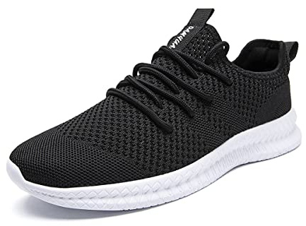 Tvtaop Mens Trainers Road Running Shoes Sneaker Gym Athletic Breathable Outdoor Sports Jogging Fitness Non Slip Lightweight Comfortable Casual Walking Shoes Black White 6.5 UK