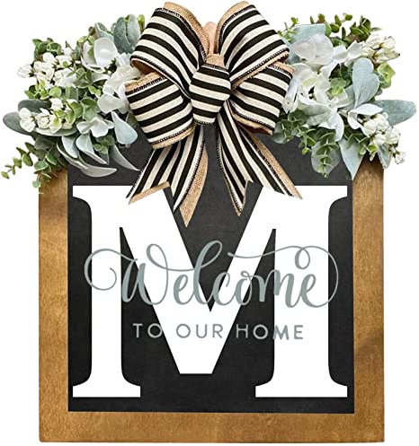 15.75in Cognome Lettera Cartello di benvenuto Cartello for porta in legno for porta d'ingresso, Lettera personalizzata Ghirlanda iniziale Ghirlande primaverili con fiocco di eucalipto for decorazione