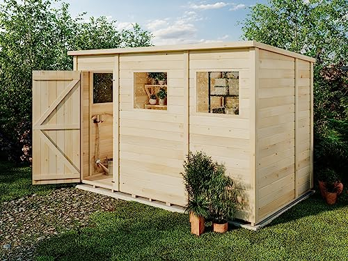 Storehaus Geräteschuppen Stefano XL mit Pultdach, Gartenhaus klein B 306 x T 186 cm, Gerätehaus aus Fichtenholz inkl. Fundamentrahmen, 5,69 m² Grundfläche, Nut-und-Feder-Bauweise, 12 mm Wandstärke