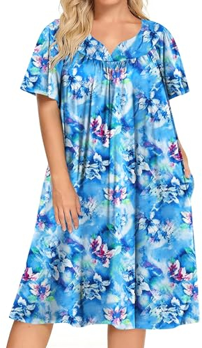 Ekouaer Plus Size Mumu Kleid Damen Kurzarm Hauskleid Momo Sleepdress mit Taschen, Pat1, 18 Plus