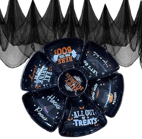 eBoutik - Spooky Multi Compartment Snack Bowl Platter with Creepy Cloth - Halloween Party Sweet Dish & Decor Themed Decoration Hard Plastic Lightweight Reusable Tablewear (Ghosts (Black))