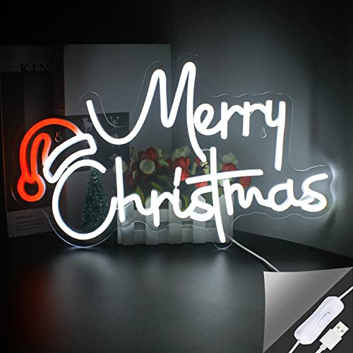 Looklight Merry Christmas Enseigne au néon Chapeau de Noël LED Néon Lettres Blanches Acrylique Néon Signes Art Mural pour Fête de Noël Enfants Chambre Bar Magasin Décoration de Noël Cadeau
