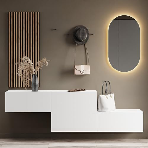 Planetmöbel Flur Möbel Garderobe 2X 140cm weiß, Wandpaneel 50cm Gold Eiche/Anthrazit mit Spiegel 50cm (ohne LED), Wandgarderobe 32,5H x 140B x 37,8T cm