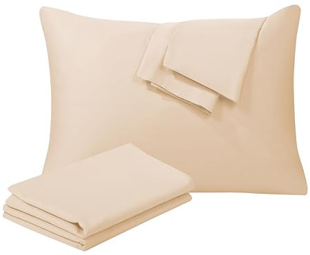 Juego de 2 protectores de almohada 100% algodón egipcio, funda de almohada de tejido satinado de 400 hilos, fácil cuidado, con cremallera, color beige, tamaño King